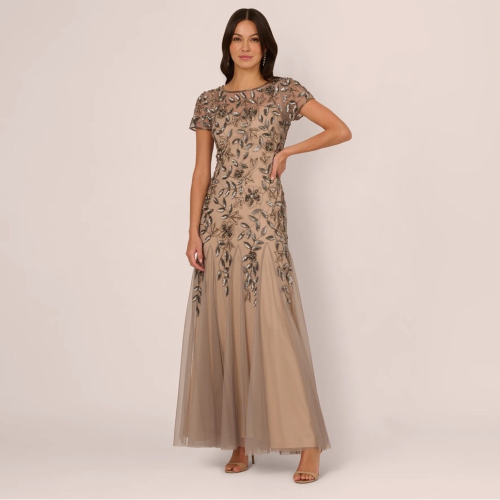 Adrianna Papell Cream Embellished Maxi Gown with Flutter Sleeves